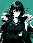  1girl arm_under_breasts artist_name breasts collared_dress commentary dress english_commentary fubuki_(one-punch_man) green_background green_eyes highres jewelry long_sleeves looking_at_viewer missfaves necklace one-punch_man short_hair solo upper_body 