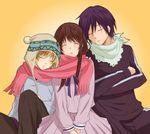  2boys beanie blonde_hair blush boy_sandwich brown_hair closed_eyes crossed_arms hat iki_hiyori kotokoto_(mitsuyoshi0211) long_hair long_sleeves multiple_boys noragami purple_hair ribbon sandwiched scarf school_uniform shared_scarf short_hair skirt sleeping track_suit yato_(noragami) yukine_(noragami) 