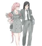  alternate_costume anne_(path_to_nowhere) black_hair bouquet braid breasts commentary_request cross cross_necklace flower glasses headband holding holding_bouquet iron_(path_to_nowhere) jewelry jrnc23 korean_commentary long_hair necklace necktie path_to_nowhere pink_hair prosthesis prosthetic_arm scar scar_across_eye yuri 