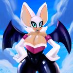 anthro bat big_breasts blush breasts cephei cleavage clothed clothing cloud female hands_on_hips hi_res huge_breasts hyper hyper_breasts latex latex_clothing lipstick looking_at_viewer makeup mammal outside partially_clothed rouge_the_bat sega shortstacksneverdie simple_background smile solo sonic_the_hedgehog_(series) thick_thighs wide_hips