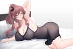  1girl alternate_costume armpits arms_up bed black_dress blue_eyes breasts brown_hair closed_mouth dress hair_between_eyes hair_ornament high_side_ponytail highres kantai_collection large_breasts long_hair looking_at_viewer lying odachu on_bed on_side ponytail saratoga_(kancolle) side_ponytail sidelocks sleeveless smile very_long_hair 