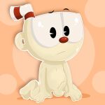 1:1 absurd_res albinoturtle balls barefoot container cup cuphead_(character) cuphead_(game) erection eyebrows feet for_a_head foreskin genitals hi_res humanoid kneeling male nipples nude object_head orange_background penis raised_eyebrow red_nose simple_background solo straw