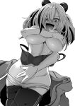  1girl @_@ animal_ears arknights breasts dutch_angle feater_(arknights) greyscale highres large_breasts monochrome open_mouth panda_ears panda_girl solo striped_hair two_side_up white_background zonberu_tsukiji 