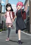  2girls :d :o absurdres aged_down backpack bag black_dress black_hair black_socks blush child collared_dress day douryou_(buta5813) dress full_body green_eyes highres hinamizawa_hinami holding_hands kneehighs medium_hair multiple_girls original outdoors pink_shirt randoseru running shirt shoes shorts smile sneakers socks tetto_(onnoveltet) twintails white_socks 