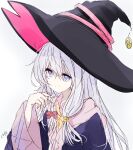  1girl core_(mayomayo) elaina_(majo_no_tabitabi) grey_hair hand_in_own_hair hat highres large_hat long_hair long_sleeves majo_no_tabitabi purple_eyes ribbon robe smile solo witch witch_hat 