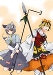  akagashi_hagane animal_ears bad_id bad_pixiv_id bishamonten's_spear black_hair blonde_hair green_hair hair_ornament highres mouse_ears mouse_tail multicolored_hair multiple_girls nazrin pendulum polearm red_eyes rod short_hair spear tail toramaru_shou touhou two-tone_hair weapon yellow_eyes 