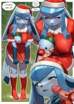 absurd_res anthro biped blue_body blush breasts christmas christmas_clothing christmas_headwear clothed clothing dialogue eeveelution english_text female fur generation_1_pokemon genitals gudlmok99 hat headgear headwear hi_res holidays human human_on_anthro interspecies male male/female mammal nintendo penis pokemon pokemon_(species) profanity santa_hat speech_bubble text vaporeon