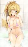  bath bikini blonde_hair blush breasts brown_eyes cleavage covered_nipples cum cum_on_body cum_on_breasts cum_on_upper_body facial finger_in_mouth highres kiritani_yukina large_breasts legs long_hair micro_bikini navel one_eye_closed pink_bikini ponytail saikin_imouto_no_yousuga_chotto_okashiindaga sexually_suggestive side-tie_bikini sitting solo string_bikini swimsuit thighs whitewill 