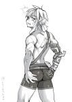  1boy ass clenched_teeth commentary_request cross_scar earrings from_behind greyscale hands_on_own_ass jewelry link looking_back male_focus monbetsu_kuniharu monochrome pouch scar scar_on_arm short_ponytail shorts solo surprised sweatdrop teeth the_legend_of_zelda the_legend_of_zelda:_tears_of_the_kingdom tight_clothes topless_male twitter_username 