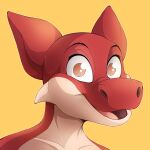 2022 adult_female anthro ears_up female happy headshot_portrait hi_res kobold looking_at_viewer orange_eyes portrait red_(rmaster) red_body scales scalie serval_(artist) shirtless simple_background smile snout solo standing tan_body tan_scales yellow_background