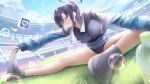  1girl black_buruma black_shirt blue_archive blue_jacket blurry blurry_foreground breasts bubble buruma doodle_sensei_(blue_archive) drone exercise gym_uniform halo highres jacket lanyard large_breasts light_rays looking_at_viewer mechanical_halo narusama official_alternate_costume on_grass outdoors partially_unzipped pom_pom_(cheerleading) ponytail purple_eyes purple_hair sensei_(blue_archive) shirt solo_focus stadium star_(symbol) star_sticker sticker_on_face stretching track_jacket yuuka_(blue_archive) yuuka_(track)_(blue_archive) 