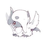  absol absurdres animal_focus chibi claws feathered_wings fluffy hair_over_one_eye highres mega_absol no_humans ovoip pokemon pokemon_(creature) red_eyes signature simple_background solo white_background white_fur white_wings wings 