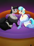  anthrofied bed big_breasts blue_eyes blue_hair blush bow_tie breasts cleavage clothed clothing corset duo equine female friendship_is_magic gloves grey_hair hair horse huge_breasts legwear looking_at_viewer mammal my_little_pony pillow pony ponyboom purple_eyes smile stockings 