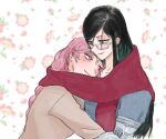  alternate_costume anne_(path_to_nowhere) black_hair braid floral_background glasses head_on_another&#039;s_shoulder hug iron_(path_to_nowhere) jrnc23 long_hair path_to_nowhere pink_hair prosthesis prosthetic_arm red_scarf scar scar_across_eye scarf yuri 