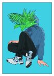  1boy arm_support blue_background blue_hoodie commentary_request covered_face drawstring full_body hand_on_own_knee highres hood hood_up hoodie knee_up leaf long_sleeves male_focus napoli_no_otokotachi plant shoes shu3_(napoli_no_otokotachi) simple_background sitting sneakers solo white_background ziko_(muzikomax) 
