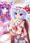  :o arch ascot bat_wings blood blood_on_face bloody_clothes blue_hair blue_sky blush bow chair cloud crescent crescent_hair_ornament cup day dress fang forest hair_bow hair_ornament hand_on_own_chest hand_on_own_chin hat hat_ribbon kagerou_(kers) long_hair long_sleeves looking_at_another looking_at_viewer mob_cap multiple_girls nature open_mouth patchouli_knowledge purple_eyes purple_hair red_eyes remilia_scarlet ribbon robe saucer short_hair short_sleeves sidelocks sitting skirt skirt_set sky striped striped_dress table teacup teapot touhou towel wings wrist_cuffs 