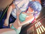  1girl bare_shoulders belt blue_hair blush bra braid breast_on_chest breast_press breasts eyes_closed game_cg highres large_breasts legs long_hair panties satou_yoshimi shironeko_sanbou standing thighs tsuyokiss underwear 