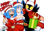  1boy 2girls blue_eyes blue_hair blush breasts cleavage gloves hat highres large_breasts long_hair looking_at_viewer merry_christmas multiple_girls open_mouth original parted_lips santa_costume santa_hat short_hair smile sonchapo teeth white_gloves 