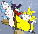  anthro bdsm between_toes big_breasts biting_lip blue_eyes bondage bound box breasts canine claws digimon duo english_text feather feathers female foot_focus fox green_eyes impmon laugh male mammal nipples nude plantigrade renamon rope sitting smile soles text thick_legs tickling tickling_feet toes zp92 