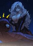  1boy 1girl absurdres apoloniodraws black_cat_(marvel) blue_eyes breasts cleavage collarbone highres jumpsuit large_breasts long_hair marvel mask night night_sky peter_parker rooftop sky spider-man spider-man_(series) unzipping white_hair 