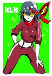  areno black_hair green_background jacket kill_la_kill matoi_ryuuko midriff pants scarf senketsu senketsu_(scarf) short_hair simple_background solo spoilers sunglasses suspenders track_suit 