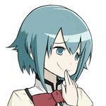  blue_eyes blue_hair hand_to_own_mouth mahou_shoujo_madoka_magica miki_sayaka pache_pache16 short_hair simple_background smirk solo white_background 