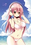  beach bikini blush breasts cleavage headphones highres jewelry large_breasts long_hair looking_at_viewer maturiuta_sorato navel necklace nitroplus ocean outdoors pink_hair red_eyes smile solo super_sonico swimsuit water 