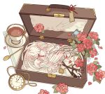  1girl bird_legs bow closed_eyes cup feathered_wings feathers flower harpy highres key meremero mini_person minigirl monster_girl original pocket_watch red_bow red_flower red_rose rose saucer simple_background sleeping spoon suitcase talons tea teacup ticket watch white_background white_feathers white_wings winged_arms wings 