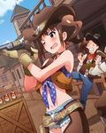  &gt;_&lt; 1girl artist_request blush brown_hair clenched_teeth closed_eyes cowboy_hat cutoffs denim denim_shorts failure fringe_trim front-tie_top gloves gun handgun hat holster idolmaster idolmaster_million_live! looking_at_viewer navel official_art one_eye_closed purple_eyes revolver shirt short_shorts shorts side_ponytail teeth tied_shirt vest weapon yokoyama_nao 