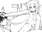  animal_ears breasts cat_ears cat_tail feet foot_licking greyscale licking long_hair medium_breasts monochrome nipples nokoppa nude original tail translated 