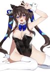  1girl :3 alternate_costume animal_ears arm_up armpits bare_shoulders black_leotard blue_bow blue_bowtie blush bow bowtie breasts brown_hair commentary_request detached_collar ear_covers hair_between_eyes hair_ribbon highleg highleg_leotard highres horse_ears horse_girl horse_tail kaoru_(h8qm9) leotard looking_at_viewer medium_breasts multicolored_hair multicolored_nails nontraditional_playboy_bunny on_ground purple_eyes ribbon simple_background sitting smile solo strapless strapless_leotard streaked_hair tail thighhighs twintails umamusume vivlos_(umamusume) w white_background white_hair white_thighhighs wrist_cuffs yokozuwari 