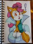 2019 anthro big_breasts blue_clothing blue_gloves blue_handwear breasts clothed clothing domestic_cat exclamation_point felid feline felis female fur gloves hair handwear hi_res mammal monique_pussycat multicolored_body multicolored_fur open_mouth orange_eyes pink_hair rezrezzy solo super_fuck_friends traditional_media_(artwork) two_tone_body two_tone_fur yellow_body yellow_fur