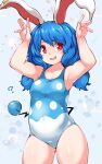  1girl ? animal_ears arms_up azumarill azumarill_(cosplay) blue_hair blush bubble_background cosplay ear_ornament highres huyusilver looking_at_viewer medium_hair open_hands open_mouth rabbit_ears red_eyes seiran_(touhou) solo sweat swimsuit tail touhou 