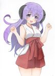  1girl arms_up hakama hakama_short_skirt hakama_skirt hanyuu highres higurashi_no_naku_koro_ni horns japanese_clothes kimono long_hair open_mouth purple_eyes purple_hair red_hakama skirt sleeveless sleeveless_kimono smile solo sweet_miuk_tea thighs white_kimono 