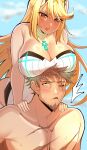  1boy 1girl bare_shoulders blonde_hair blush breast_focus breasts ceroccb chest_jewel cleavage collarbone core_crystal_(xenoblade) couple facial_hair gem hair_ornament headpiece hetero highres huge_breasts husband_and_wife jewelry large_breasts large_pectorals long_hair mature_male mythra_(radiant_beach)_(xenoblade) mythra_(xenoblade) one-piece_swimsuit open_mouth pectorals rex_(xenoblade) scar scar_across_eye shiny_skin short_hair smile spiked_hair strapless strapless_one-piece_swimsuit sweatdrop swept_bangs swimsuit tsundere very_long_hair white_one-piece_swimsuit xenoblade_chronicles_(series) xenoblade_chronicles_2 xenoblade_chronicles_3 xenoblade_chronicles_3:_future_redeemed yellow_eyes 