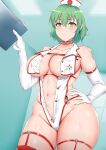  absurdres breast_curtain breast_tattoo breasts clipboard closed_mouth curvy elbow_gloves gloves green_hair hand_on_own_hip hat highres hikage_(senran_kagura) holding holding_clipboard large_breasts medium_hair midriff navel nurse nurse_cap plump senran_kagura sixthone3 skindentation slit_pupils snake_tattoo tattoo thighs yellow_eyes 