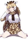  1girl a888_n22 animal_ears belt blonde_hair blue_eyes extra_ears giraffe_ears giraffe_girl giraffe_horns giraffe_print highres horns kemono_friends long_hair looking_at_viewer necktie one_eye_closed ponytail reticulated_giraffe_(kemono_friends) scarf shirt simple_background skirt solo 