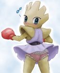  blue_eyes blush boxing_gloves brown_body clothed clothing crossgender female high_score_(artist) hitmonchan looking_at_viewer looking_back musical_note nintendo panties plain_background pok&#233;mon pok&eacute;mon smile solo underwear video_games white_background 