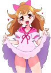  1girl :3 :d bow brown_eyes brown_hair clothes_lift commentary dress dress_lift hair_bow highres hood hood_down hooded_dress inukai_komugi lifted_by_self long_hair looking_at_viewer pink_bow pink_dress ponytail precure ryuuta_(cure_ryuuta) short_dress short_sleeves simple_background smile solo standing white_background wonderful_precure! 