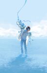  1boy black_hair blue_flower blue_sky cloud flower hair_over_one_eye highres horizon jacket male_focus original pants rido_(ridograph) shirt short_hair sky soaking_feet solo standing water white_jacket white_pants white_shirt 