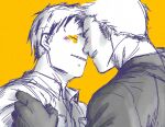  2boys aikawa_(dorohedoro) blush closed_eyes colored_tips couple dorohedoro facial_mark from_side greyscale_with_colored_background happy imminent_kiss jade_drop male_focus medium_sideburns multicolored_hair multiple_boys no_eyebrows risu_(dorohedoro) sketch spot_color thick_eyebrows yaoi 