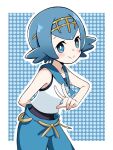  1girl bare_arms blue_eyes blue_hair blue_pants blue_sailor_collar blush bright_pupils emapippi hairband headband highres lana_(pokemon) looking_at_viewer no_sclera one-piece_swimsuit open_mouth pants pokemon pokemon_sm sailor_collar shirt short_hair sleeveless sleeveless_shirt smile solo swimsuit swimsuit_under_clothes tongue twitter_username v white_pupils white_shirt yellow_headband 