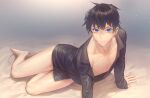  1boy arm_support bare_legs barefoot bed_sheet black_hair black_shirt blue_eyes bottomless closed_mouth collarbone collared_shirt dated facial_mark grey_background hand_out_of_frame highres kiyonagi kusanagi_(kiyonagi) leaning_to_the_side light_particles looking_at_viewer male_focus on_bed original pectorals shirt short_hair sitting solo yokozuwari 