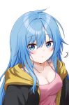  1girl absurdres black_hoodie blue_eyes blue_hair breasts cleavage collarbone covered_nipples elie_wayne eyes_visible_through_hair highres hood hoodie jan_azure large_breasts long_hair motion_lines original pink_tank_top selfie solo spaghetti_strap tank_top upper_body 