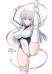  1girl ass_visible_through_thighs athletic_leotard blush breasts dated fuyutsuki_(kancolle) grey_eyes grey_hair gymnastics headband highres kantai_collection kishi_nisen large_breasts leotard long_hair long_sleeves looking_at_viewer one_side_up rhythmic_gymnastics ribbon ribbon_baton simple_background smile solo standing standing_on_one_leg thighhighs twitter_username white_background white_headband white_leotard white_thighhighs 