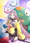  1girl bare_shoulders bellibolt blue_hair bow-shaped_hair breasts character_hair_ornament frog hair_ornament hexagon_print iono_(pokemon) jacket light_blue_hair long_hair low-tied_long_hair magnemite multicolored_hair oversized_clothes pink_hair pokemon pokemon_(creature) pokemon_sv rotom rotom_phone sleeves_past_fingers sleeves_past_wrists split-color_hair two-tone_hair very_long_sleeves x yellow_jacket yomogi_(black-elf) 