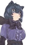  1girl a888_n22 animal_ears black_hair black_jaguar_(kemono_friends) black_skirt blue_eyes bow bowtie elbow_gloves extra_ears gloves highres jaguar_ears jaguar_girl jaguar_print kemono_friends kemono_friends_3 looking_at_viewer purple_shirt scarf shirt short_hair simple_background skirt solo 