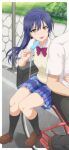  1boy 1girl absurdres bag bicycle black_pants black_socks blue_hair blue_skirt bow bowtie brown_footwear commentary enola_013 food grass hand_on_another&#039;s_waist hetero highres holding holding_food holding_popsicle long_hair looking_at_another love_live! love_live!_school_idol_project open_mouth otonokizaka_school_uniform outdoors pants pole popsicle red_bow red_bowtie riding riding_bicycle road school_bag school_uniform shirt shoes sitting skirt smile socks sonoda_umi sunlight white_shirt yellow_eyes 