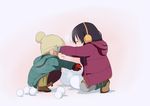  akiyama_mio beanie bobblehead boots child coat earmuffs from_side full_body gloves hairband hat hood hooded_jacket hooded_sweater jacket k-on! kneeling komugiko long_hair long_sleeves multiple_girls outstretched_arms short_hair snow snowball snowman squatting sweater tainaka_ritsu winter_clothes winter_coat younger 
