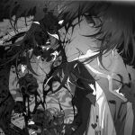  1boy belt_buckle blood blood_on_face buckle chest_tattoo collared_jacket collared_shirt flower greyscale hair_over_one_eye highres jacket jewelry looking_at_viewer luca_kaneshiro male_focus monochrome mouth_hold necklace nijisanji nijisanji_en open_clothes open_jacket open_shirt parted_lips riko-m rose shirt short_hair solo tattoo teeth upper_body 